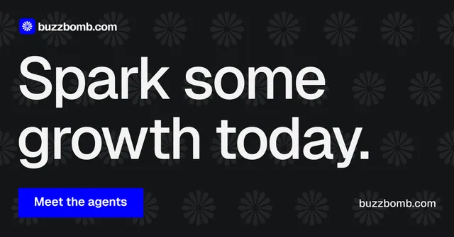 Social ad for BuzzBomb: "Spark some growth today." Split block style, poster layout, dark palette in black, grey.