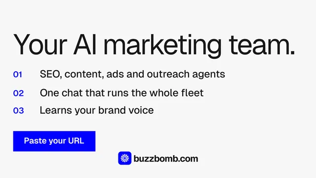 Landscape graphic for BuzzBomb: "Your AI marketing team." Swiss style, numbered layout, light palette in white, blue, grey.