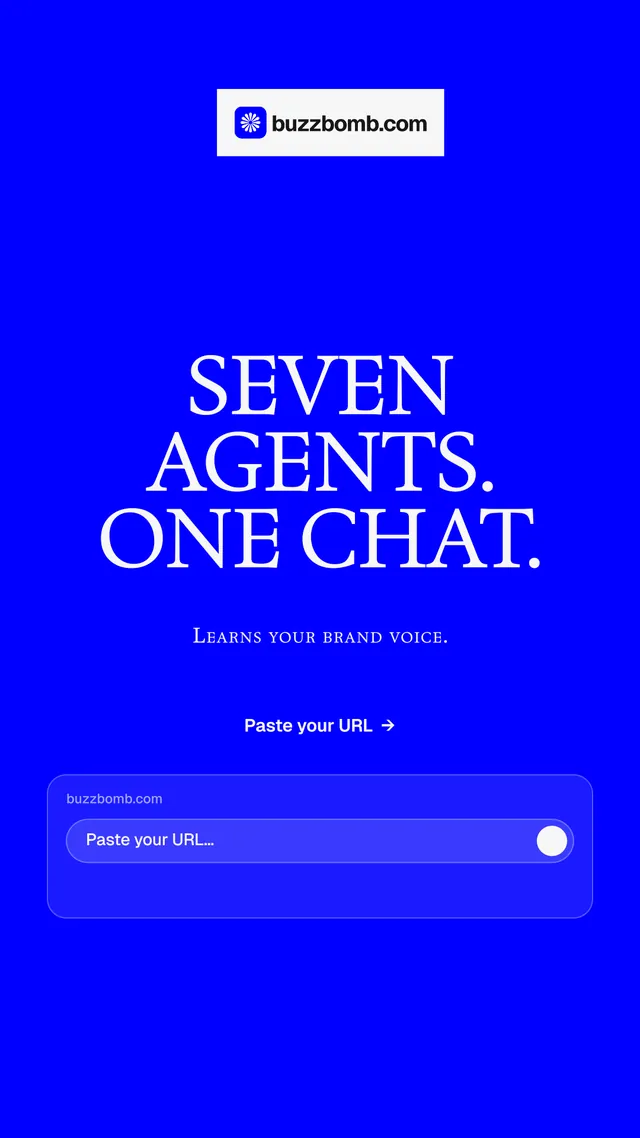 Instagram story for BuzzBomb: "Seven agents. One chat." Split block style, smallcaps layout, dark palette in blue.