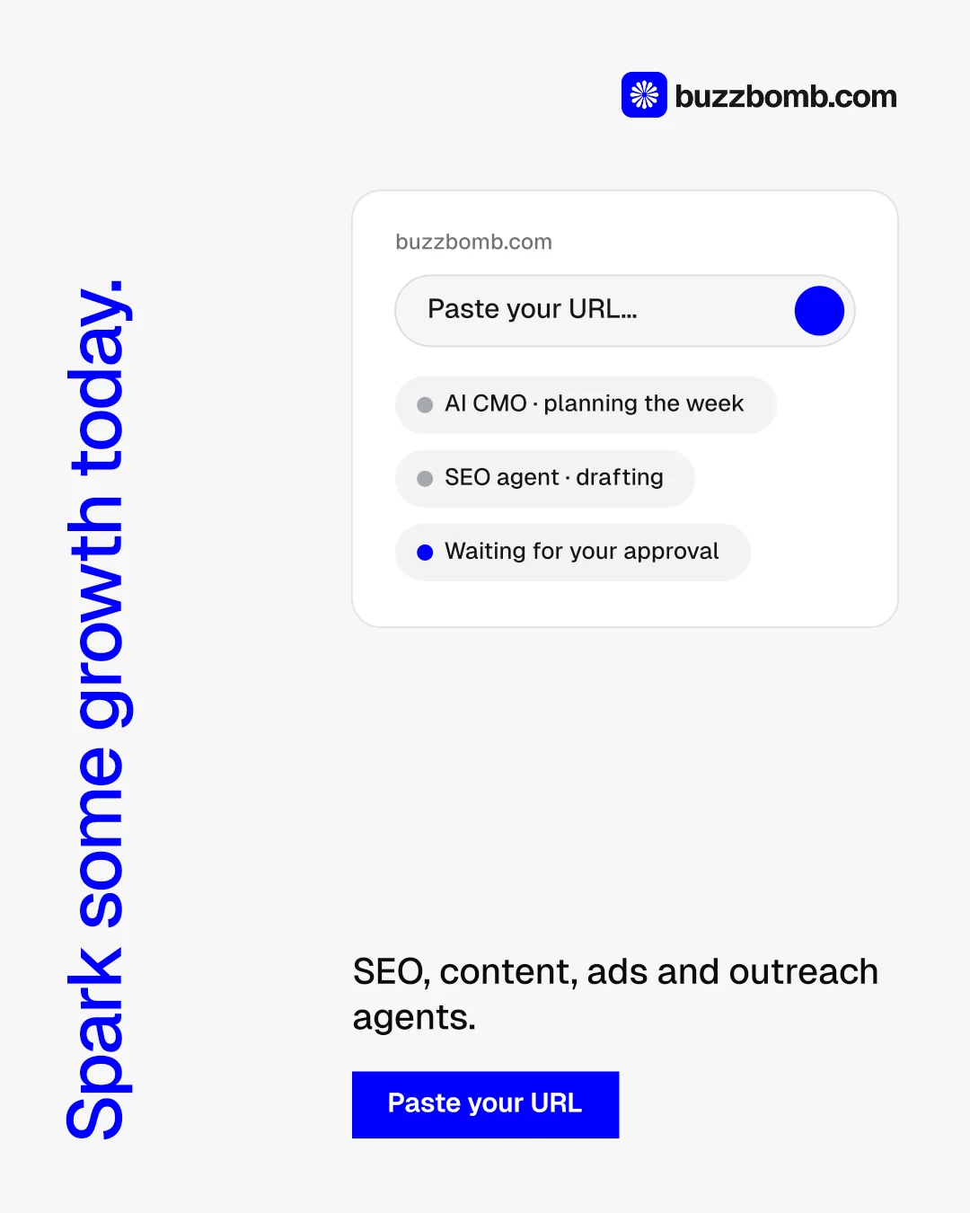 Instagram portrait post for BuzzBomb: "Spark some growth today." Swiss style, vertical layout, light palette in white, blue.