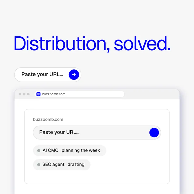 Instagram post for BuzzBomb: "Distribution, solved." Agentic glass style, browser layout, light palette in white, blue.