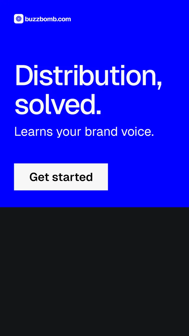 Instagram story for BuzzBomb: "Distribution, solved." Split block style, skeleton layout, dark palette in blue, black.