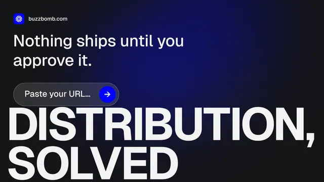 Landscape graphic for BuzzBomb: "Distribution, solved." Agentic glass style, oversized layout, dark palette in black, blue, grey.
