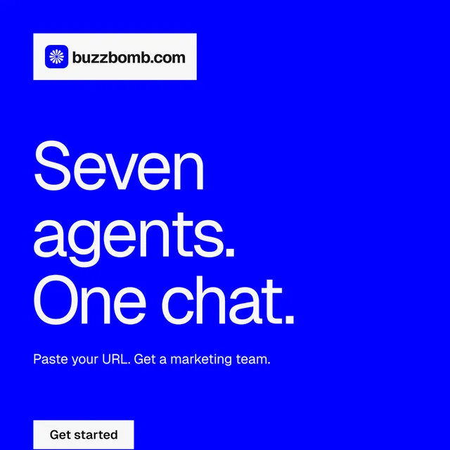 Instagram post for BuzzBomb: "Seven agents. One chat." Split block style, announce layout, dark palette in blue.