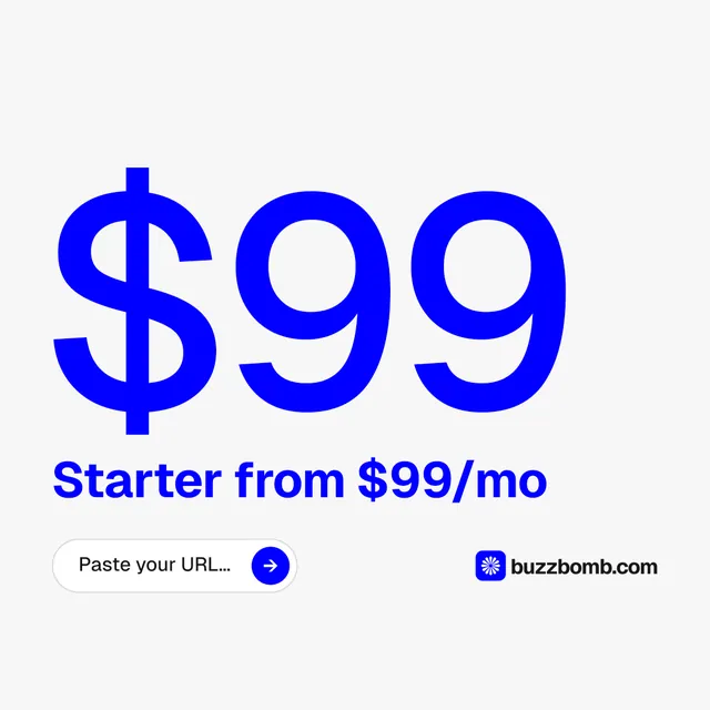 Instagram post for BuzzBomb: "Spark some growth today." Agentic glass style, stat layout, light palette in white, blue.