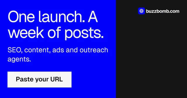 Social ad for BuzzBomb: "One launch. A week of posts." Split block style, skeleton layout, dark palette in blue, black.