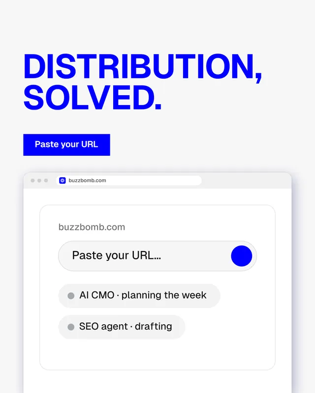 Instagram portrait post for BuzzBomb: "Distribution, solved." Swiss style, browser layout, light palette in white, blue.