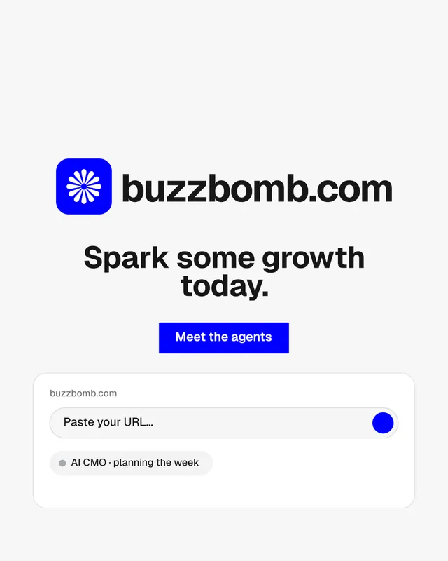 Instagram portrait post for BuzzBomb: "Spark some growth today." Swiss style, logo hero layout, light palette in white, blue.