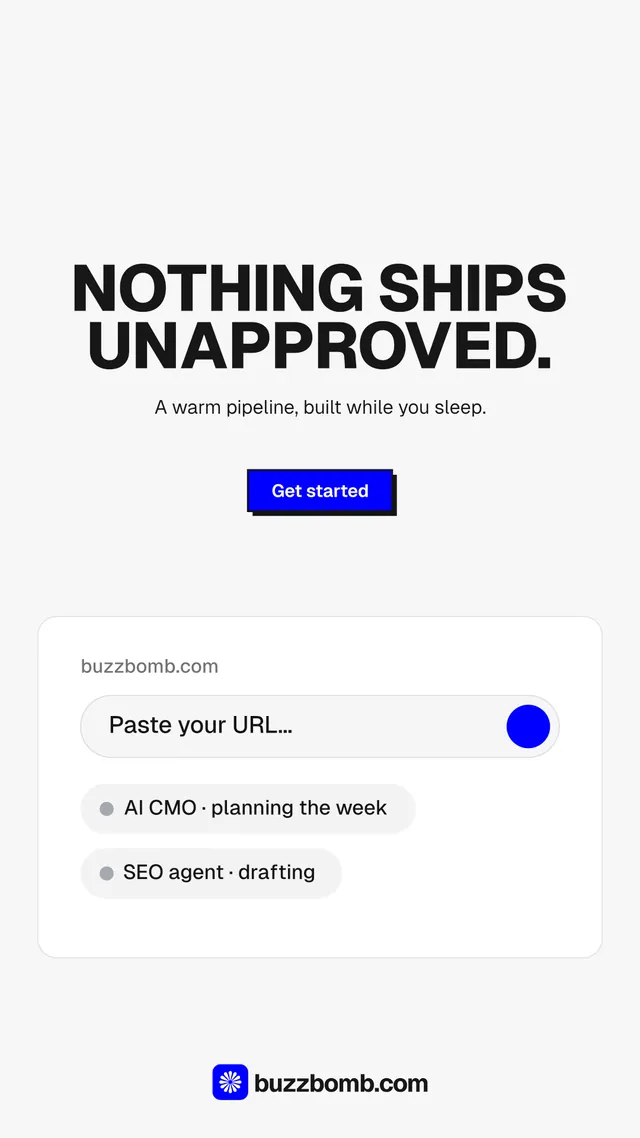 Instagram story for BuzzBomb: "Nothing ships unapproved." Brutalist style, centred layout, light palette in white, grey.