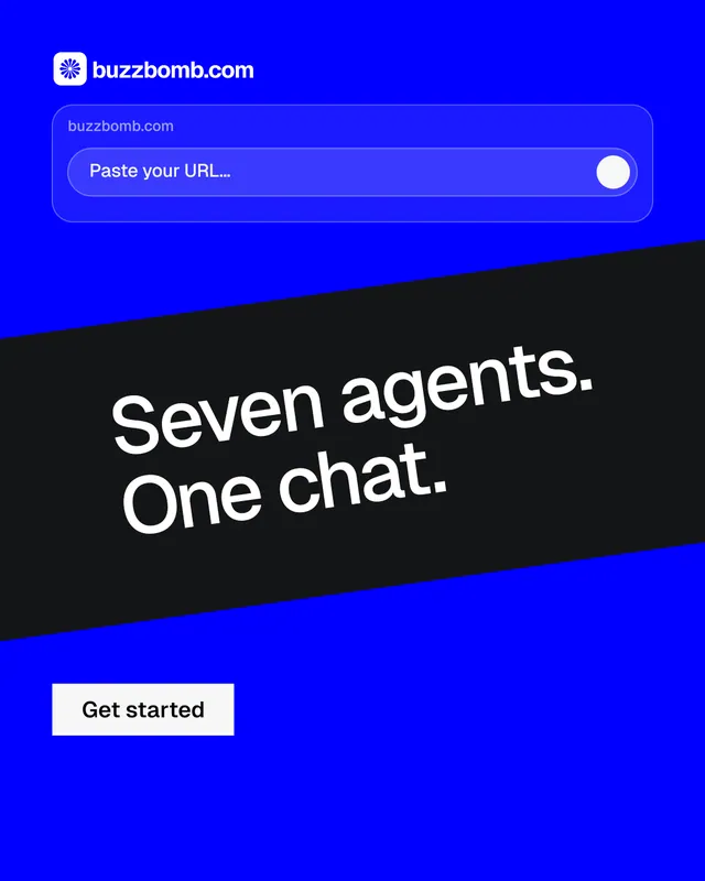 Instagram portrait post for BuzzBomb: "Seven agents. One chat." Swiss style, diagonal layout, dark palette in blue.