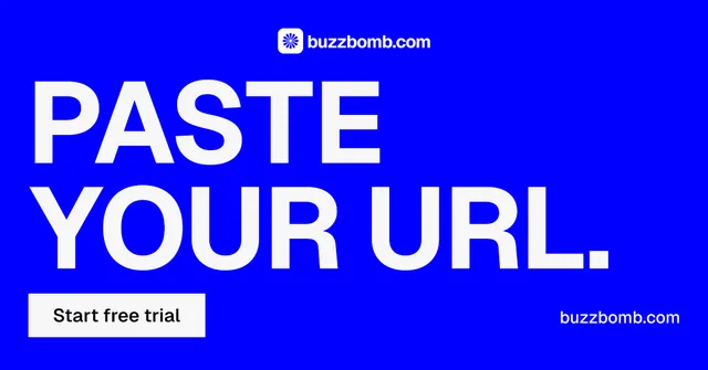 Social ad for BuzzBomb: "Paste your URL." Split block style, poster layout, dark palette in blue, white.