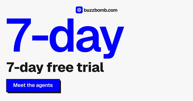 Social ad for BuzzBomb: "Get a marketing team." Brutalist style, stat layout, light palette in white, blue.