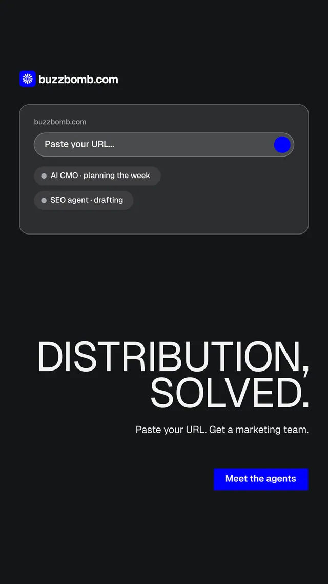Instagram story for BuzzBomb: "Distribution, solved." Brutalist style, right layout, dark palette in black, grey.
