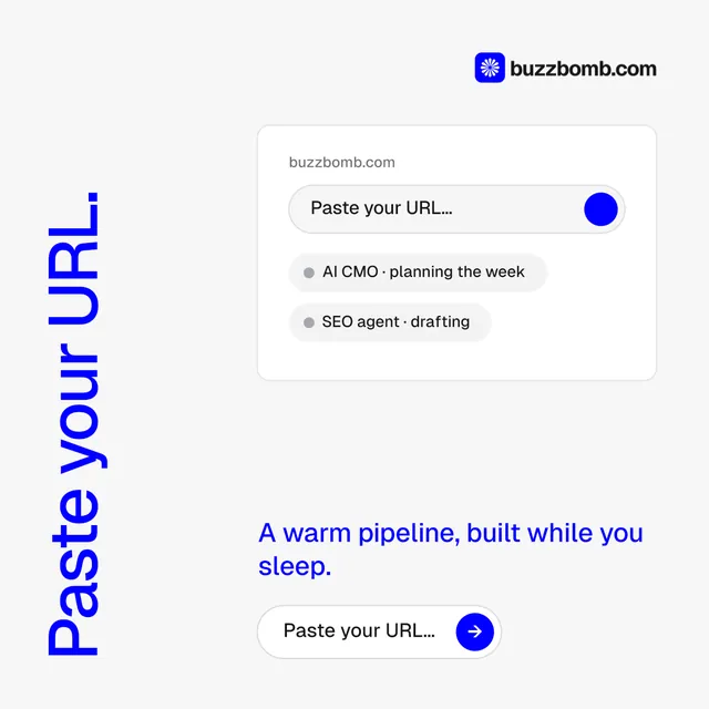 Instagram post for BuzzBomb: "Paste your URL." Agentic glass style, vertical layout, light palette in white, blue.