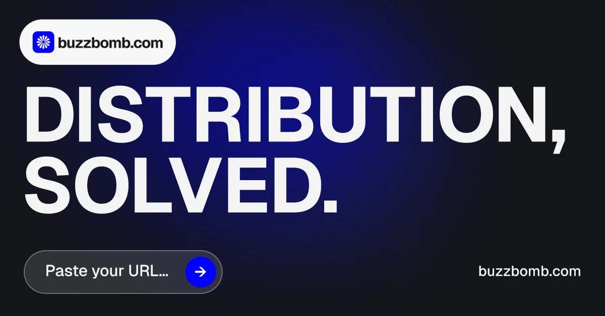 Social ad for BuzzBomb: "Distribution, solved." Agentic glass style, poster layout, dark palette in black, blue, white.