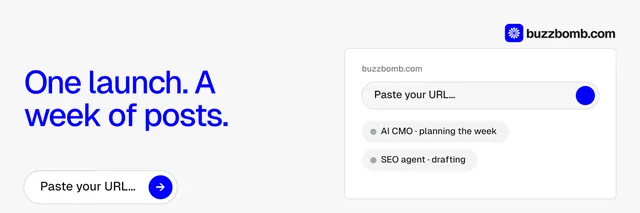 X header for BuzzBomb: "One launch. A week of posts." Agentic glass style, bottom layout, light palette in white, blue.