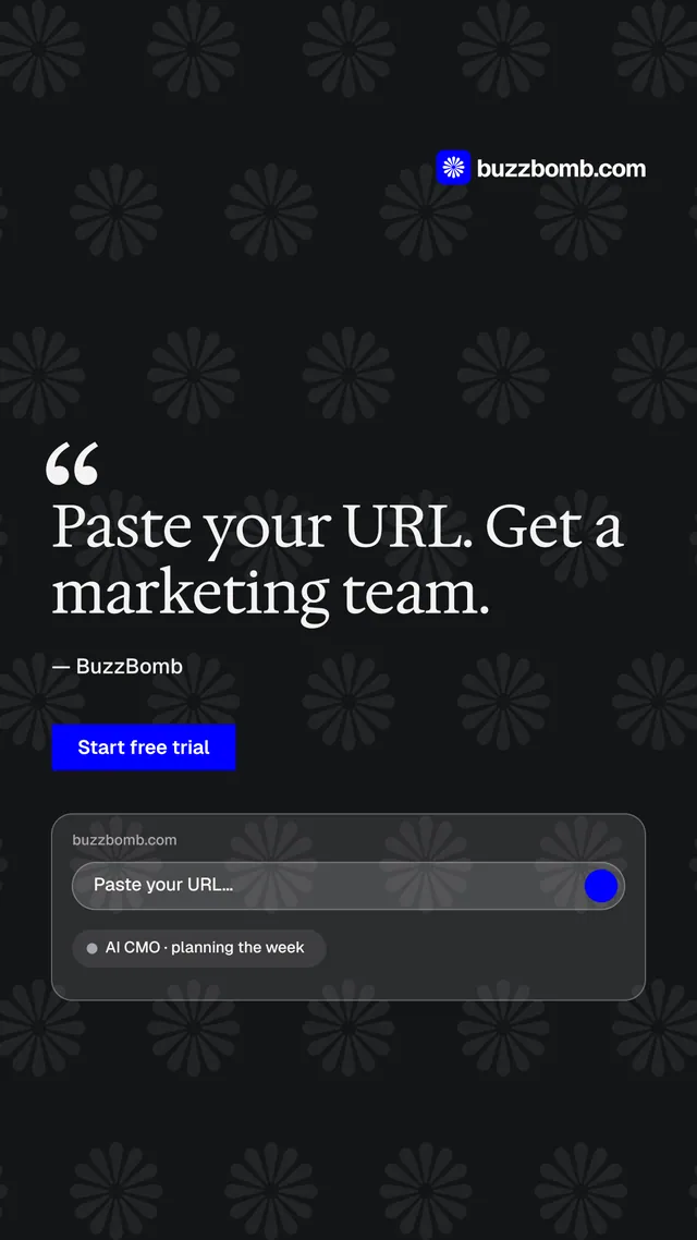 Instagram story for BuzzBomb: "Your AI marketing team." Swiss style, quote layout, dark palette in black.