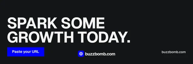 X header for BuzzBomb: "Spark some growth today." Split block style, poster layout, dark palette in black, grey.