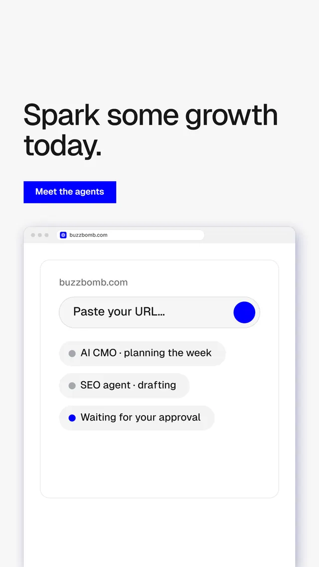 Instagram story for BuzzBomb: "Spark some growth today." Swiss style, browser layout, light palette in white, blue.