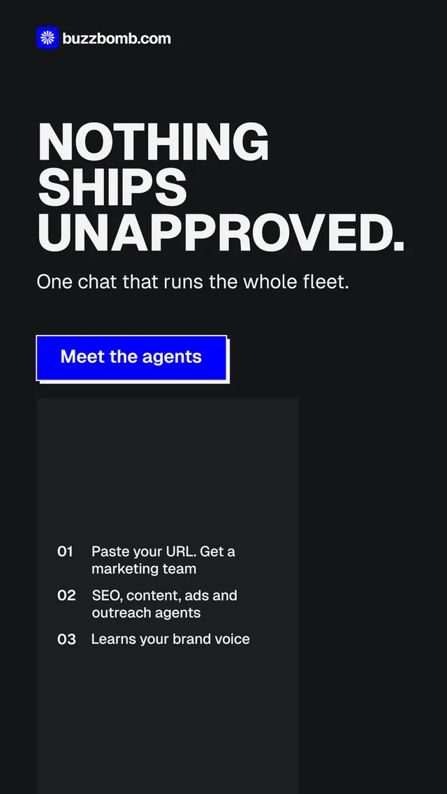 Instagram story for BuzzBomb: "Nothing ships unapproved." Brutalist style, skeleton layout, dark palette in black.