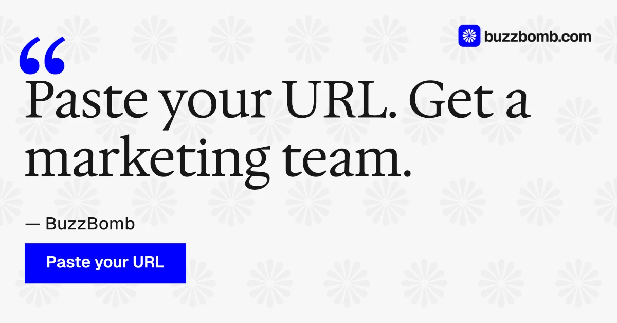 Social ad for BuzzBomb: "Seven agents. One chat." Swiss style, quote layout, light palette in white, blue.