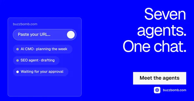 Social ad for BuzzBomb: "Seven agents. One chat." Split block style, right layout, dark palette in blue.
