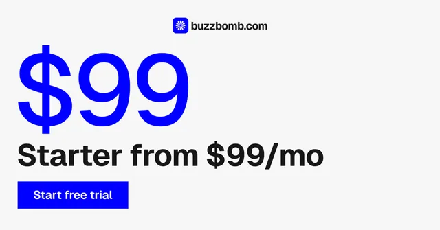 Social ad for BuzzBomb: "Your AI marketing team." Swiss style, stat layout, light palette in white, blue.