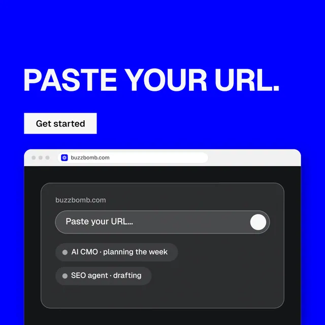 Instagram post for BuzzBomb: "Paste your URL." Split block style, browser layout, dark palette in blue, black, grey.