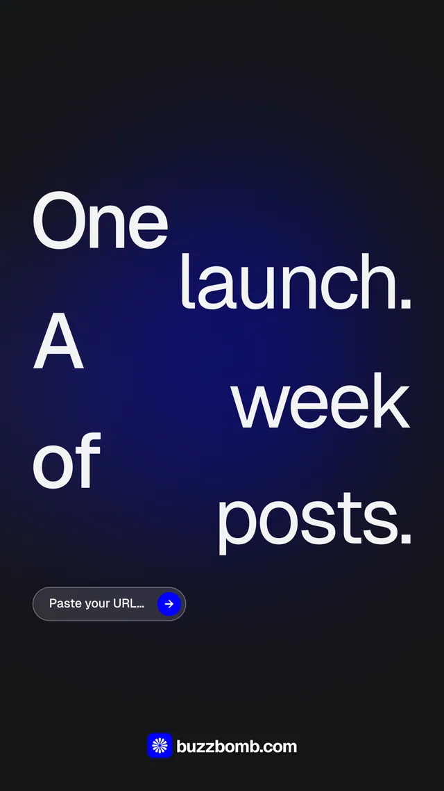 Instagram story for BuzzBomb: "One launch. A week of posts." Agentic glass style, stacked layout, dark palette in black, blue, grey.