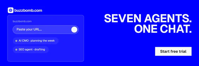 X header for BuzzBomb: "Seven agents. One chat." Swiss style, right layout, dark palette in blue.