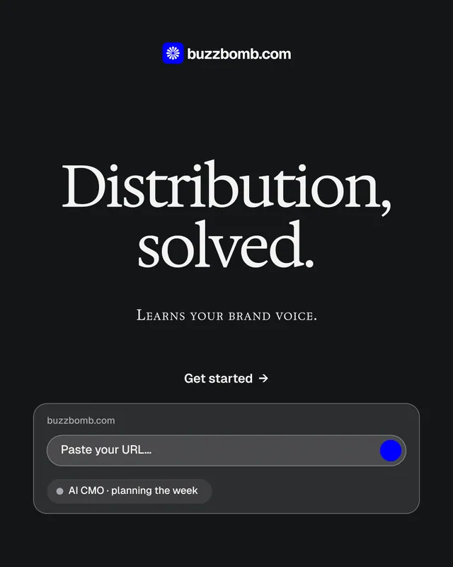 Instagram portrait post for BuzzBomb: "Distribution, solved." Split block style, smallcaps layout, dark palette in black, grey.