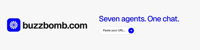 LinkedIn banner for BuzzBomb: "Seven agents. One chat." Agentic glass style, logo hero layout, light palette in white, blue.