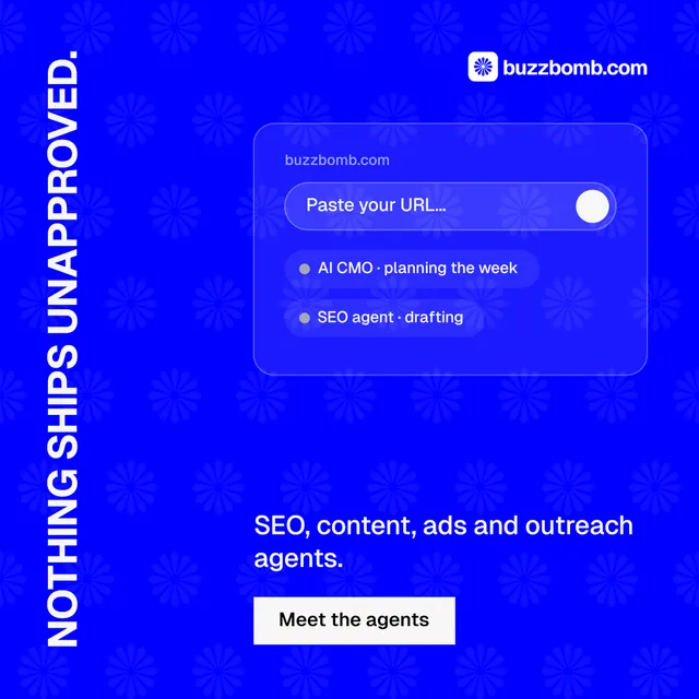 Instagram post for BuzzBomb: "Nothing ships unapproved." Split block style, vertical layout, dark palette in blue.