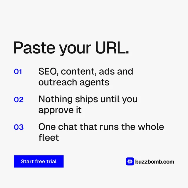 Instagram post for BuzzBomb: "Paste your URL." Swiss style, numbered layout, light palette in white, blue.
