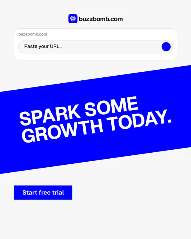 Instagram portrait post for BuzzBomb: "Spark some growth today." Swiss style, diagonal layout, light palette in white, blue.