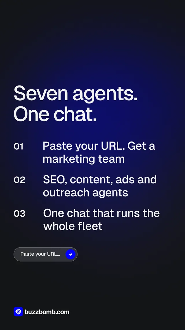 Instagram story for BuzzBomb: "Seven agents. One chat." Agentic glass style, numbered layout, dark palette in black, blue, grey.