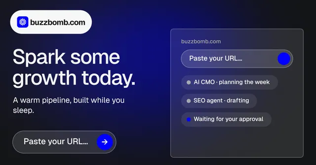 Social ad for BuzzBomb: "Spark some growth today." Agentic glass style, bottom layout, dark palette in black, blue, grey.