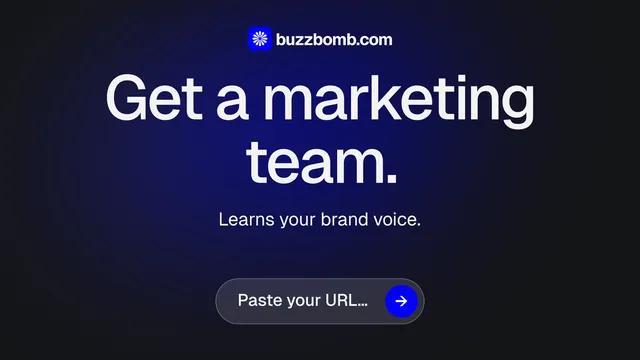 Landscape graphic for BuzzBomb: "Get a marketing team." Agentic glass style, centred layout, dark palette in black, blue.