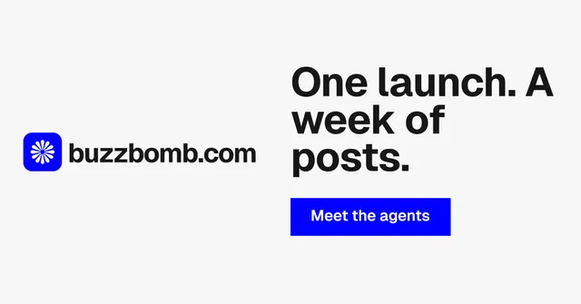 Social ad for BuzzBomb: "One launch. A week of posts." Swiss style, logo hero layout, light palette in white, blue.