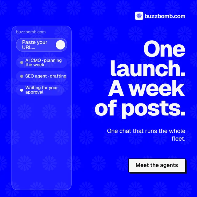 Instagram post for BuzzBomb: "One launch. A week of posts." Brutalist style, right layout, dark palette in blue.
