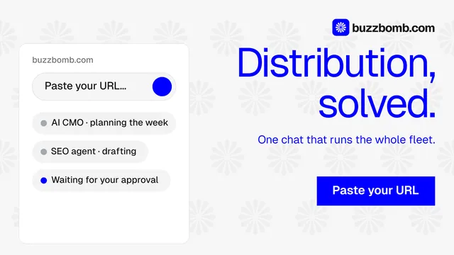 Landscape graphic for BuzzBomb: "Distribution, solved." Swiss style, right layout, light palette in white, blue.