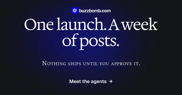 Social ad for BuzzBomb: "One launch. A week of posts." Agentic glass style, smallcaps layout, dark palette in blue, black.