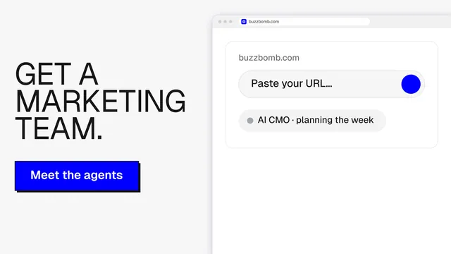 Landscape graphic for BuzzBomb: "Get a marketing team." Brutalist style, browser layout, light palette in white, blue.