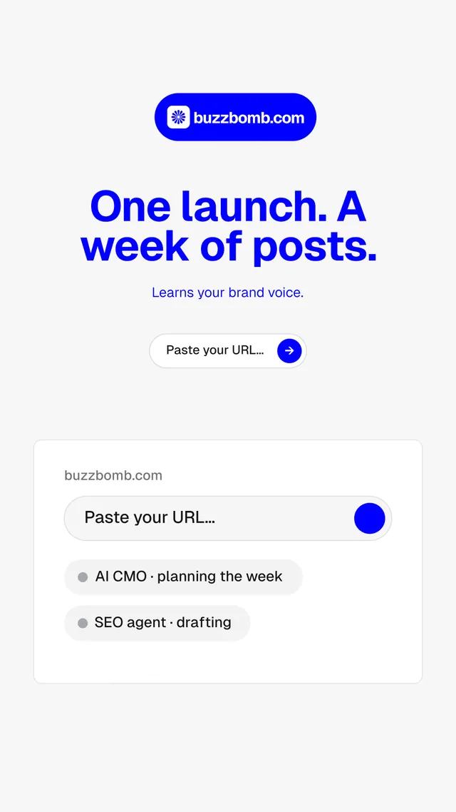 Instagram story for BuzzBomb: "One launch. A week of posts." Agentic glass style, centred layout, light palette in white, blue.