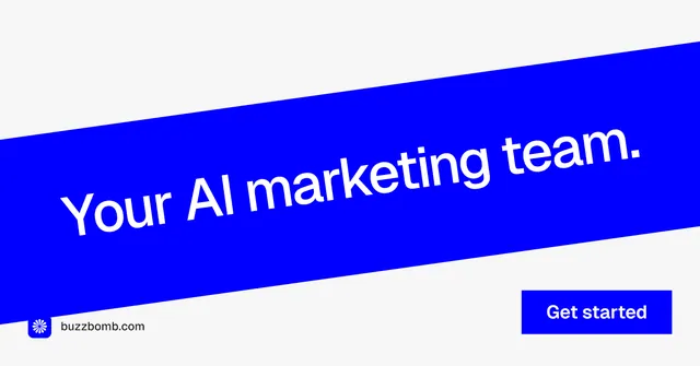 Social ad for BuzzBomb: "Your AI marketing team." Swiss style, diagonal layout, light palette in blue, white.