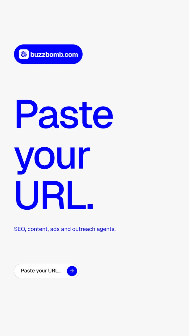 Instagram story for BuzzBomb: "Paste your URL." Agentic glass style, announce layout, light palette in white, blue.