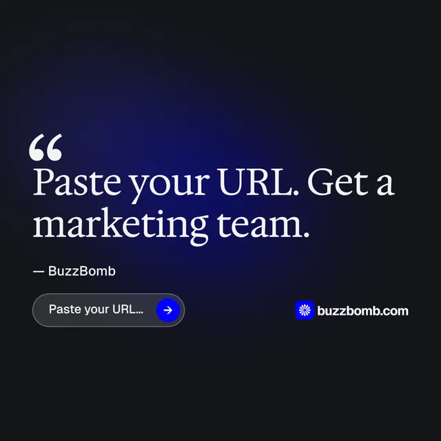 Instagram post for BuzzBomb: "Distribution, solved." Agentic glass style, quote layout, dark palette in black, blue.