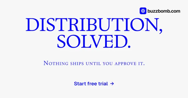 Social ad for BuzzBomb: "Distribution, solved." Swiss style, smallcaps layout, light palette in white, blue.