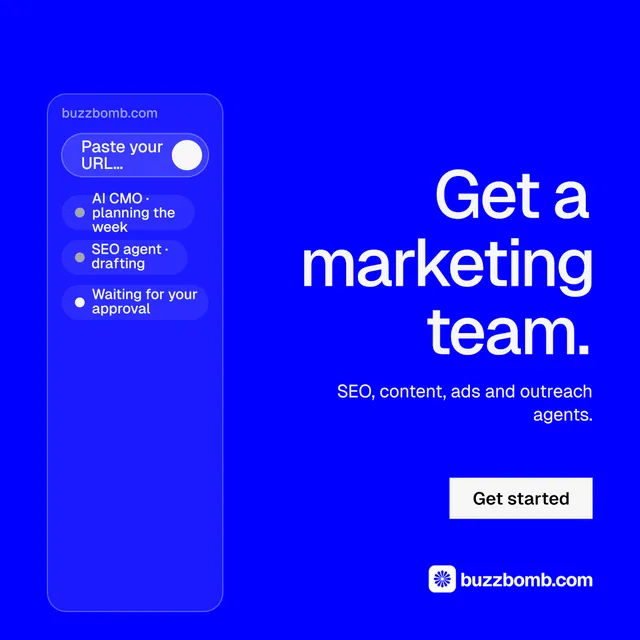 Instagram post for BuzzBomb: "Get a marketing team." Split block style, right layout, dark palette in blue.