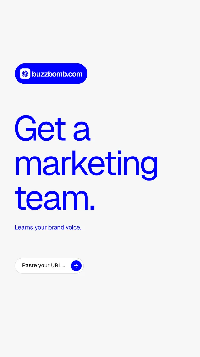 Instagram story for BuzzBomb: "Get a marketing team." Agentic glass style, announce layout, light palette in white, blue.